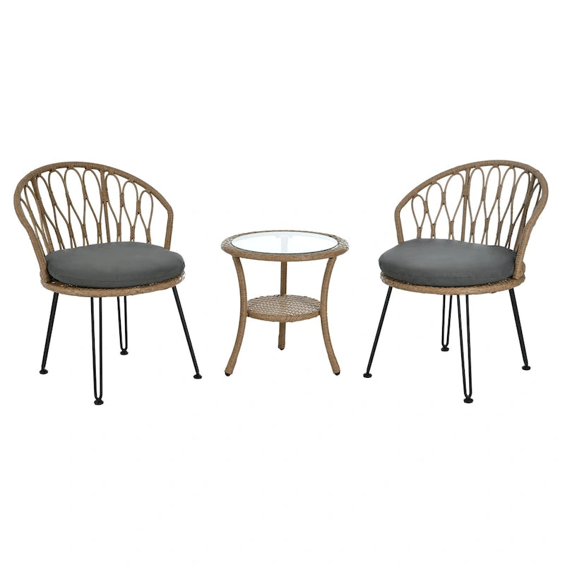 Ensemble de salle à manger d'extérieur 3 pièces comprenant une table basse ronde en verre avec étagère de rangement et 2 chaises en rotin avec coussins.