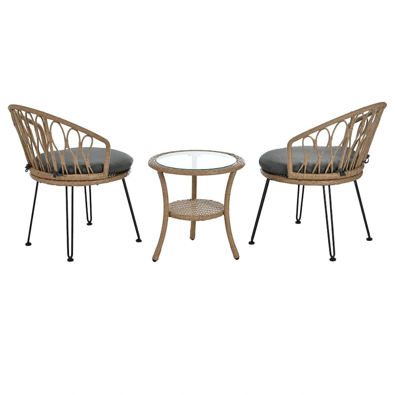 Ensemble de salle à manger d'extérieur 3 pièces comprenant une table basse ronde en verre avec étagère de rangement et 2 chaises en rotin avec coussins.
