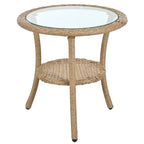 Ensemble de salle à manger d'extérieur 3 pièces comprenant une table basse ronde en verre avec étagère de rangement et 2 chaises en rotin avec coussins.