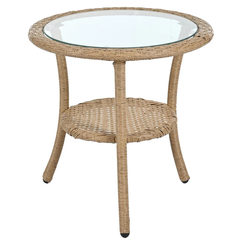 Ensemble de salle à manger d'extérieur 3 pièces comprenant une table basse ronde en verre avec étagère de rangement et 2 chaises en rotin avec coussins.