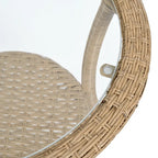 Ensemble de salle à manger d'extérieur 3 pièces comprenant une table basse ronde en verre avec étagère de rangement et 2 chaises en rotin avec coussins.