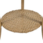 Ensemble de salle à manger d'extérieur 3 pièces comprenant une table basse ronde en verre avec étagère de rangement et 2 chaises en rotin avec coussins.