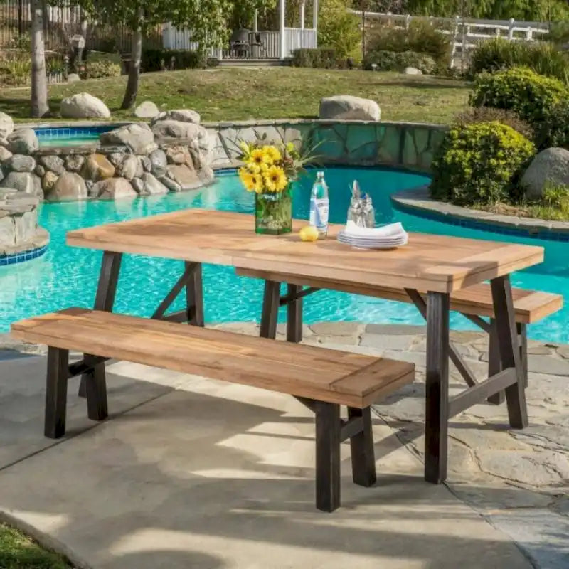 Ensemble de salle à manger rectangulaire d'extérieur en bois d'acacia, comprenant 3 pièces, avec 2 bancs et plateau à lattes. Idéal pour terrasse, jardin et pique-nique.