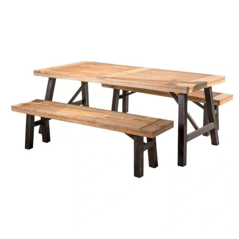 Ensemble de salle à manger rectangulaire d'extérieur en bois d'acacia, comprenant 3 pièces, avec 2 bancs et plateau à lattes. Idéal pour terrasse, jardin et pique-nique.