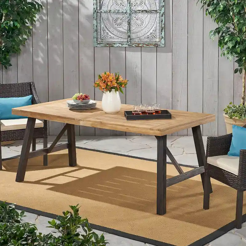 Ensemble de salle à manger rectangulaire d'extérieur en bois d'acacia, comprenant 3 pièces, avec 2 bancs et plateau à lattes. Idéal pour terrasse, jardin et pique-nique.