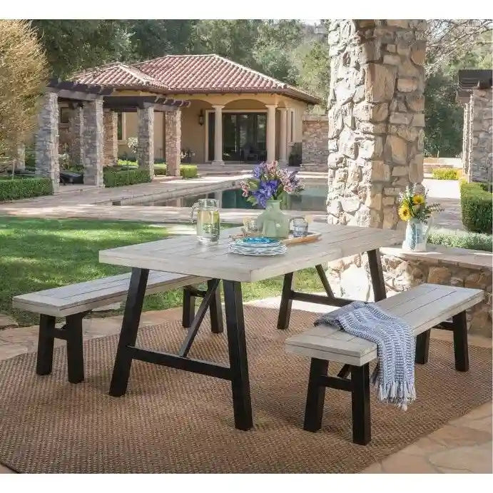 Ensemble de salle à manger rectangulaire d'extérieur en bois d'acacia, comprenant 3 pièces, avec 2 bancs et plateau à lattes. Idéal pour terrasse, jardin et pique-nique.