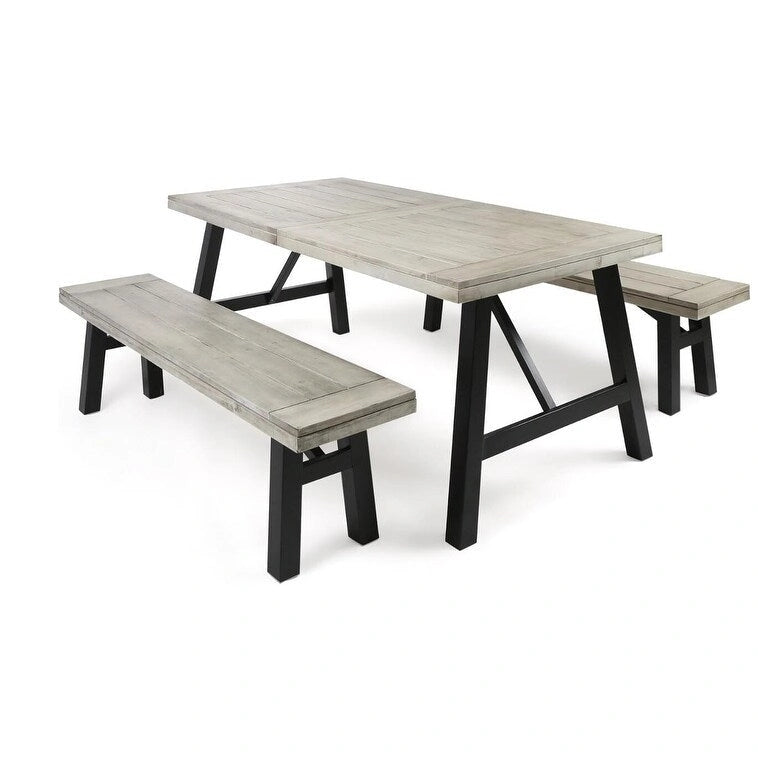 Ensemble de salle à manger rectangulaire d'extérieur en bois d'acacia, comprenant 3 pièces, avec 2 bancs et plateau à lattes. Idéal pour terrasse, jardin et pique-nique.