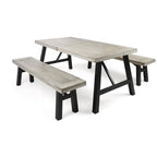 Ensemble de salle à manger rectangulaire d'extérieur en bois d'acacia, comprenant 3 pièces, avec 2 bancs et plateau à lattes. Idéal pour terrasse, jardin et pique-nique.
