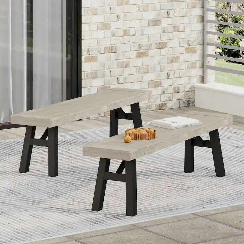 Ensemble de salle à manger rectangulaire d'extérieur en bois d'acacia, comprenant 3 pièces, avec 2 bancs et plateau à lattes. Idéal pour terrasse, jardin et pique-nique.