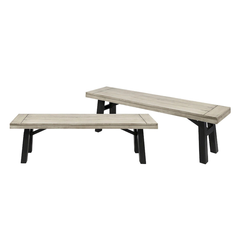 Ensemble de salle à manger rectangulaire d'extérieur en bois d'acacia, comprenant 3 pièces, avec 2 bancs et plateau à lattes. Idéal pour terrasse, jardin et pique-nique.
