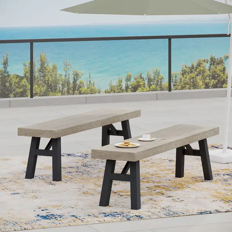 Ensemble de salle à manger rectangulaire d'extérieur en bois d'acacia, comprenant 3 pièces, avec 2 bancs et plateau à lattes. Idéal pour terrasse, jardin et pique-nique.