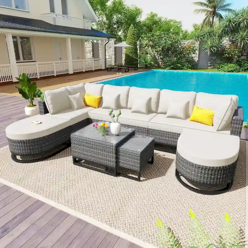 Ensemble de canapé d'angle d'extérieur en résine tressée 7 pièces, mobilier de patio en rotin résistant aux intempéries avec table basse et coussins