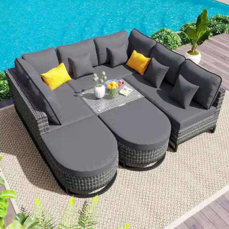 Ensemble de canapé d'angle d'extérieur en résine tressée 7 pièces, mobilier de patio en rotin résistant aux intempéries avec table basse et coussins