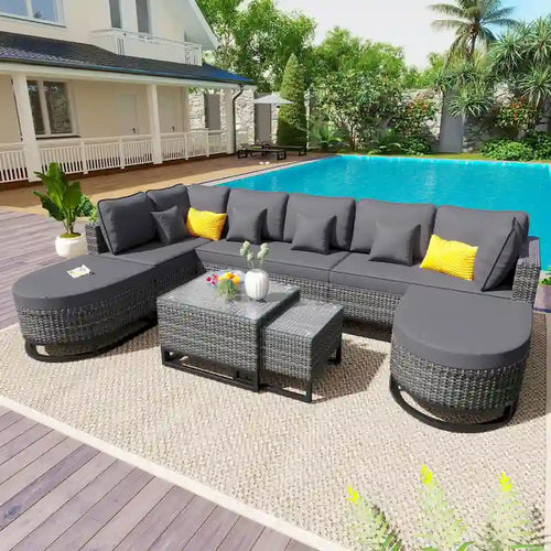 Ensemble de canapé d'angle d'extérieur en résine tressée 7 pièces, mobilier de patio en rotin résistant aux intempéries avec table basse et coussins