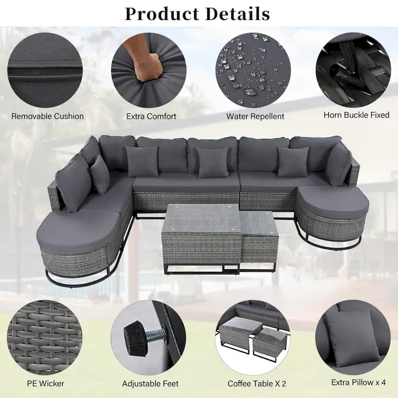 Ensemble de canapé d'angle d'extérieur en résine tressée 7 pièces, mobilier de patio en rotin résistant aux intempéries avec table basse et coussins