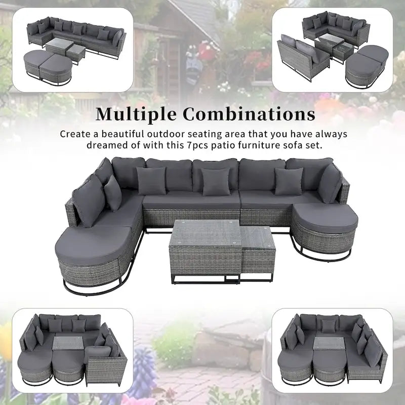 Ensemble de canapé d'angle d'extérieur en résine tressée 7 pièces, mobilier de patio en rotin résistant aux intempéries avec table basse et coussins