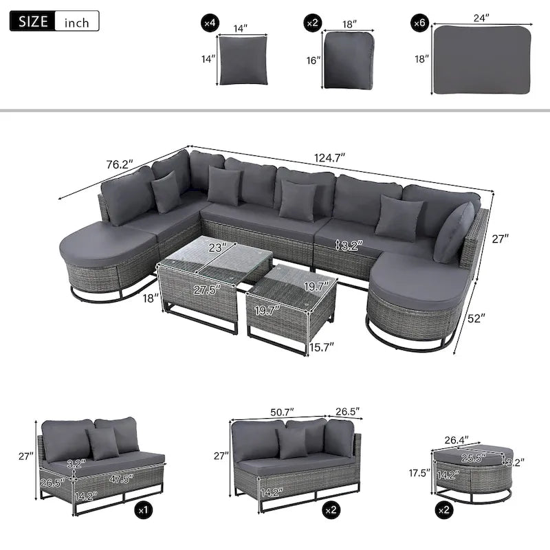 Ensemble de canapé d'angle d'extérieur en résine tressée 7 pièces, mobilier de patio en rotin résistant aux intempéries avec table basse et coussins
