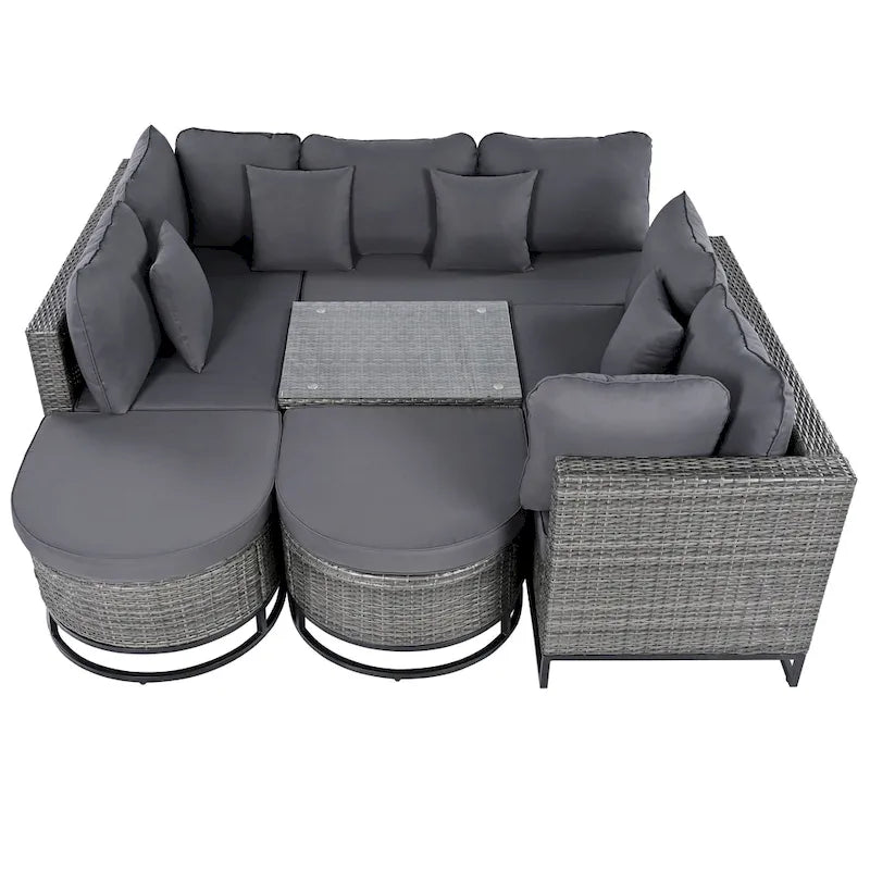 Ensemble de canapé d'angle d'extérieur en résine tressée 7 pièces, mobilier de patio en rotin résistant aux intempéries avec table basse et coussins