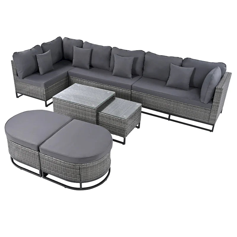 Ensemble de canapé d'angle d'extérieur en résine tressée 7 pièces, mobilier de patio en rotin résistant aux intempéries avec table basse et coussins