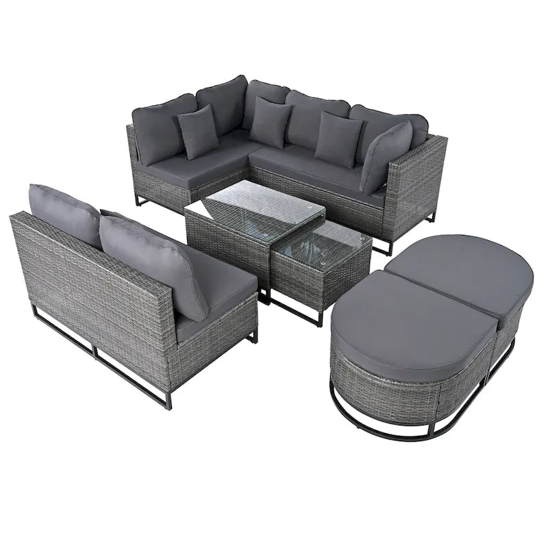 Ensemble de canapé d'angle d'extérieur en résine tressée 7 pièces, mobilier de patio en rotin résistant aux intempéries avec table basse et coussins