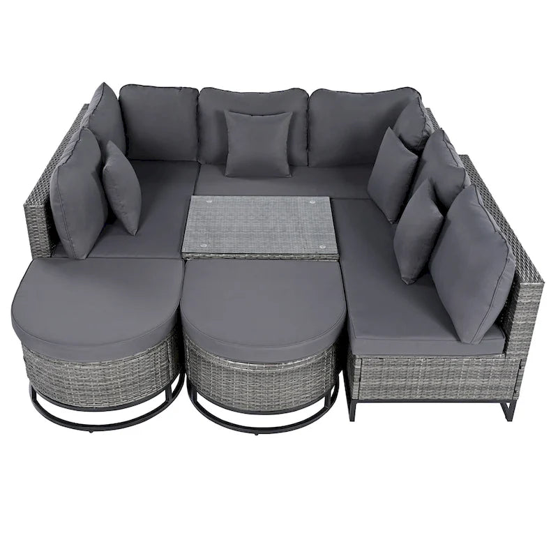 Ensemble de canapé d'angle d'extérieur en résine tressée 7 pièces, mobilier de patio en rotin résistant aux intempéries avec table basse et coussins