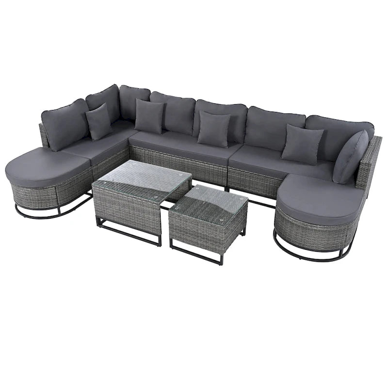 Ensemble de canapé d'angle d'extérieur en résine tressée 7 pièces, mobilier de patio en rotin résistant aux intempéries avec table basse et coussins