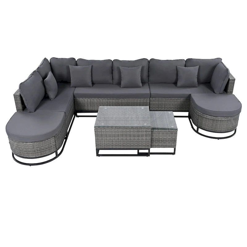 Ensemble de canapé d'angle d'extérieur en résine tressée 7 pièces, mobilier de patio en rotin résistant aux intempéries avec table basse et coussins