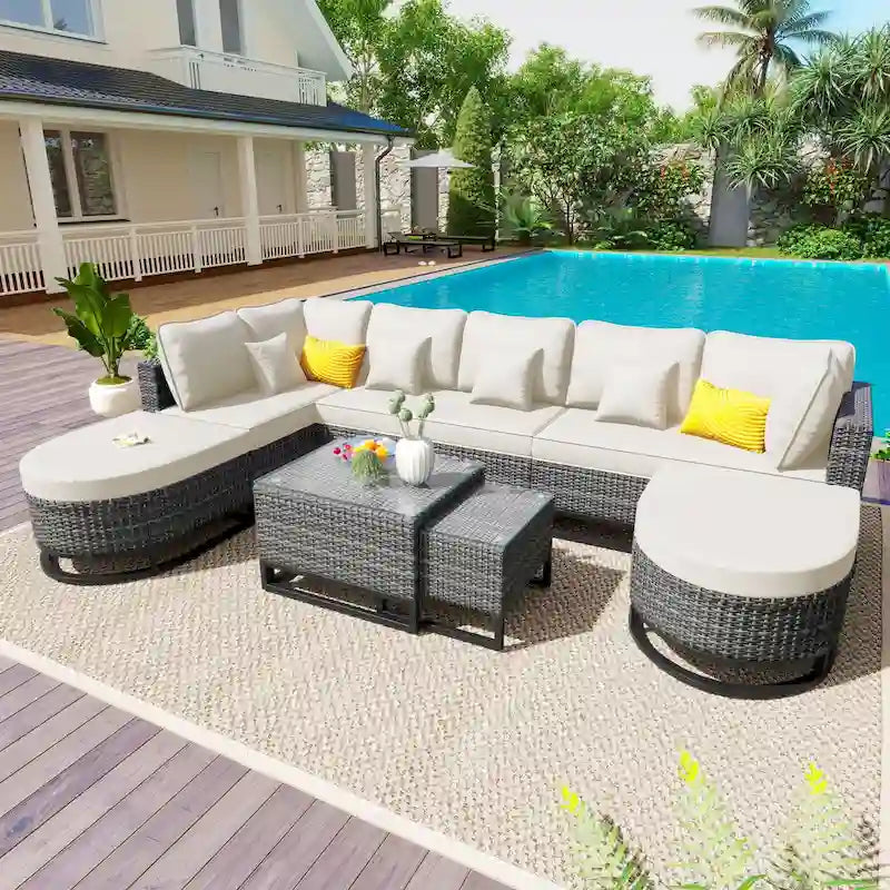 Ensemble de canapé d'angle d'extérieur en résine tressée 7 pièces, mobilier de patio en rotin résistant aux intempéries avec table basse et coussins