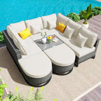 Ensemble de canapé d'angle d'extérieur en résine tressée 7 pièces, mobilier de patio en rotin résistant aux intempéries avec table basse et coussins