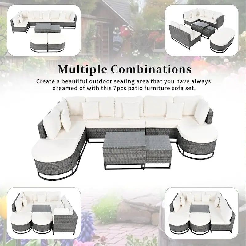 Ensemble de canapé d'angle d'extérieur en résine tressée 7 pièces, mobilier de patio en rotin résistant aux intempéries avec table basse et coussins
