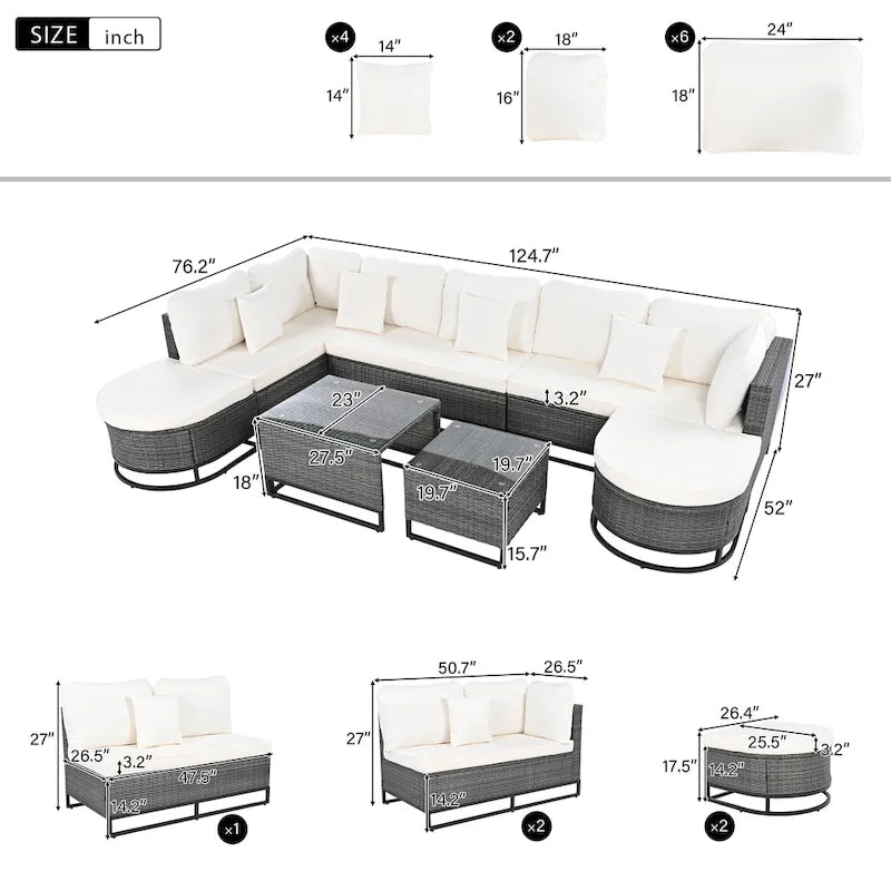 Ensemble de canapé d'angle d'extérieur en résine tressée 7 pièces, mobilier de patio en rotin résistant aux intempéries avec table basse et coussins