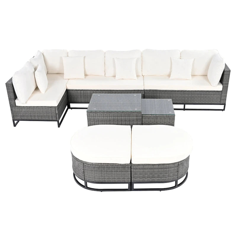 Ensemble de canapé d'angle d'extérieur en résine tressée 7 pièces, mobilier de patio en rotin résistant aux intempéries avec table basse et coussins