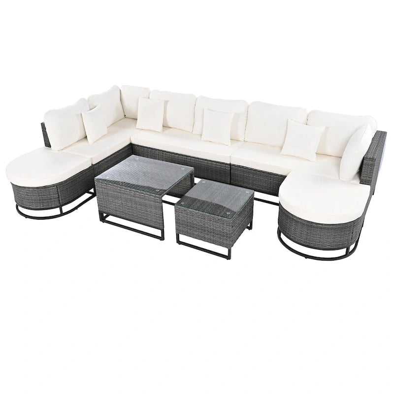 Ensemble de canapé d'angle d'extérieur en résine tressée 7 pièces, mobilier de patio en rotin résistant aux intempéries avec table basse et coussins