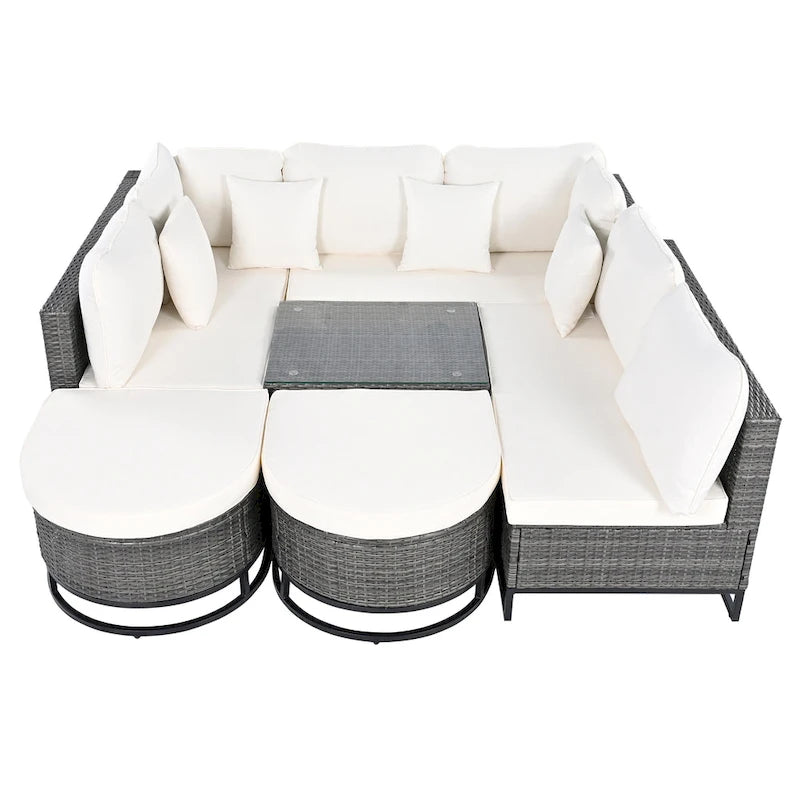 Ensemble de canapé d'angle d'extérieur en résine tressée 7 pièces, mobilier de patio en rotin résistant aux intempéries avec table basse et coussins