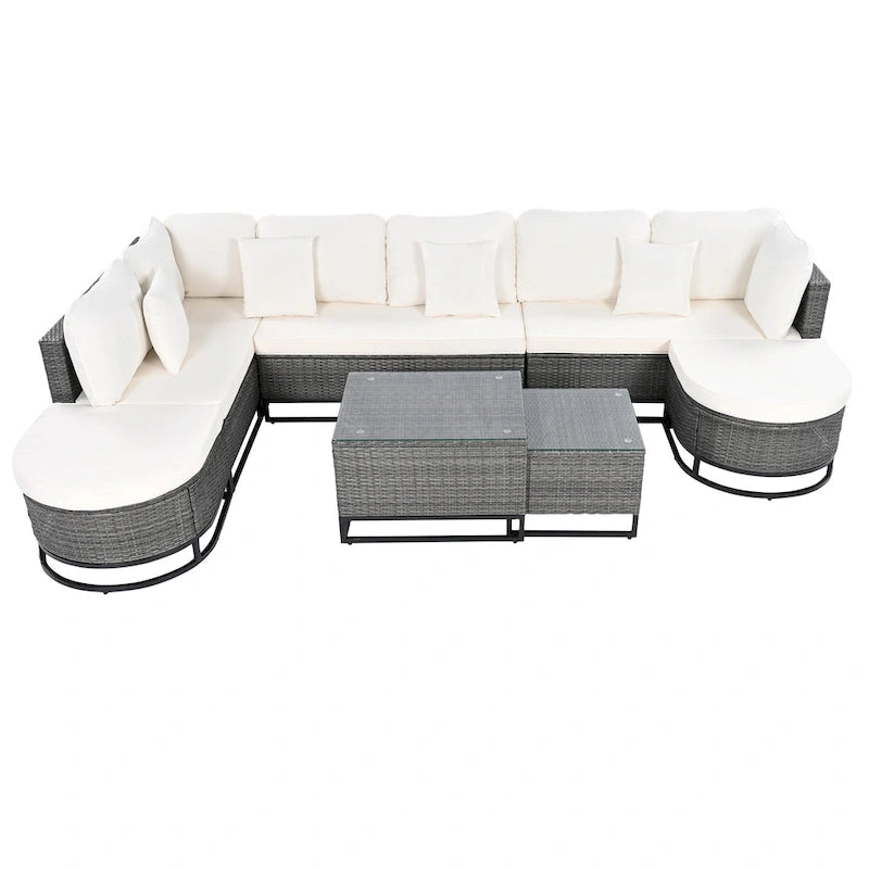 Ensemble de canapé d'angle d'extérieur en résine tressée 7 pièces, mobilier de patio en rotin résistant aux intempéries avec table basse et coussins
