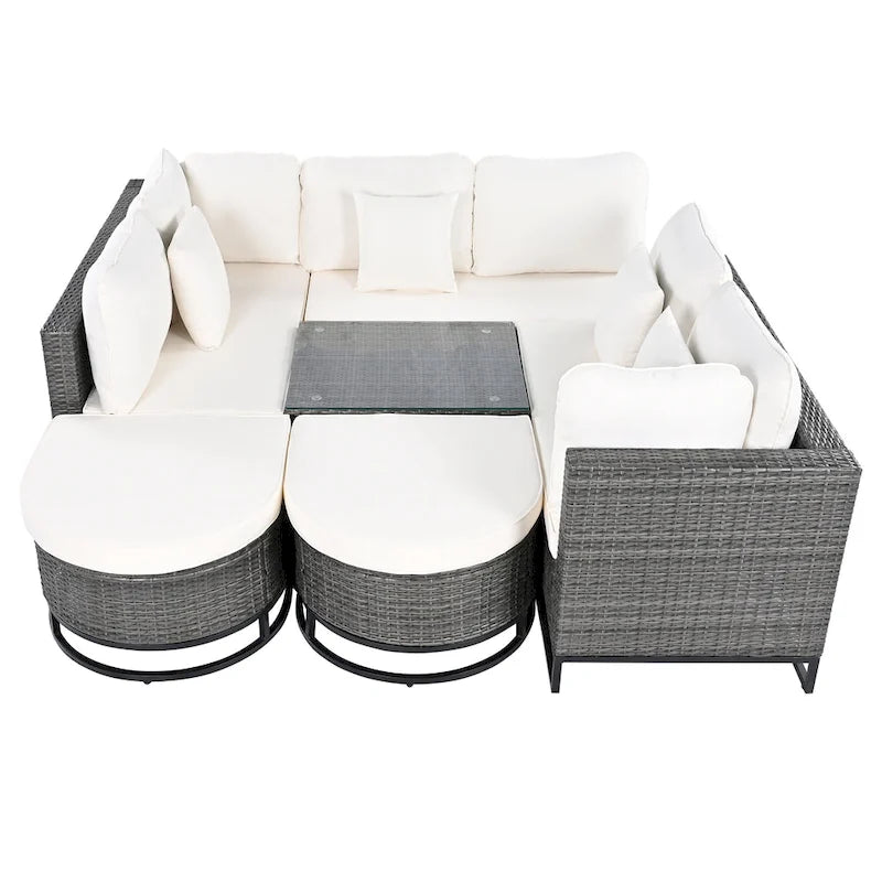 Ensemble de canapé d'angle d'extérieur en résine tressée 7 pièces, mobilier de patio en rotin résistant aux intempéries avec table basse et coussins