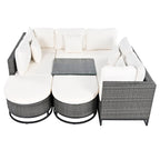 Ensemble de canapé d'angle d'extérieur en résine tressée 7 pièces, mobilier de patio en rotin résistant aux intempéries avec table basse et coussins