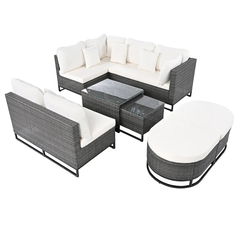 Ensemble de canapé d'angle d'extérieur en résine tressée 7 pièces, mobilier de patio en rotin résistant aux intempéries avec table basse et coussins
