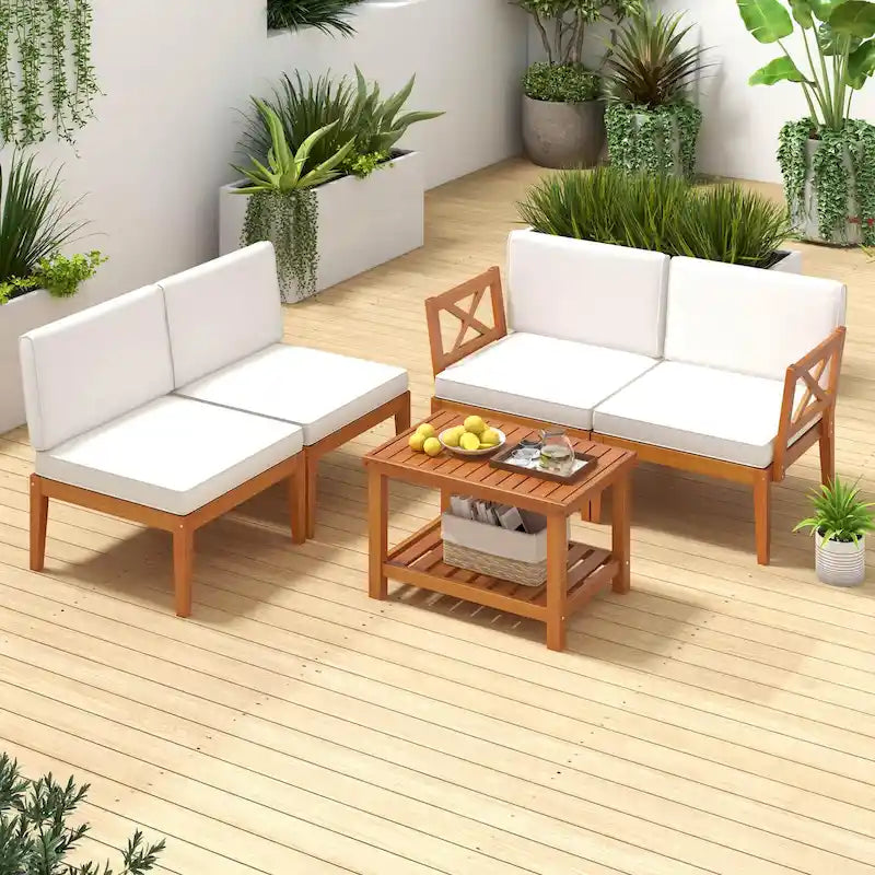 Ensemble de mobilier de jardin Costway 5 pièces en bois d'acacia avec coussins et étagère à 2 niveaux - Voir les détails