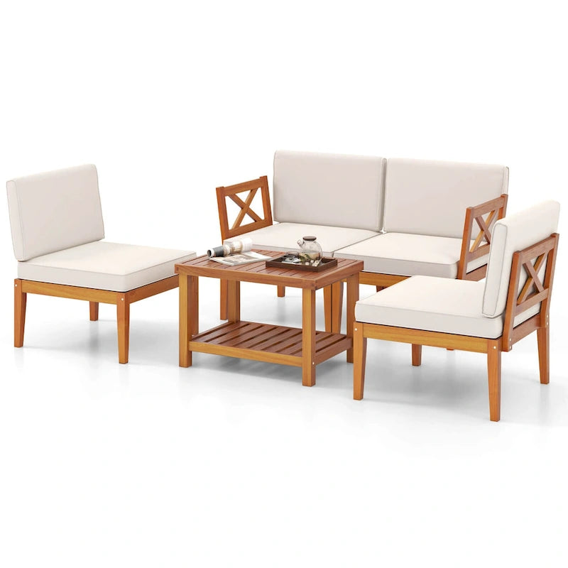 Ensemble de mobilier de jardin Costway 5 pièces en bois d'acacia avec coussins et étagère à 2 niveaux - Voir les détails
