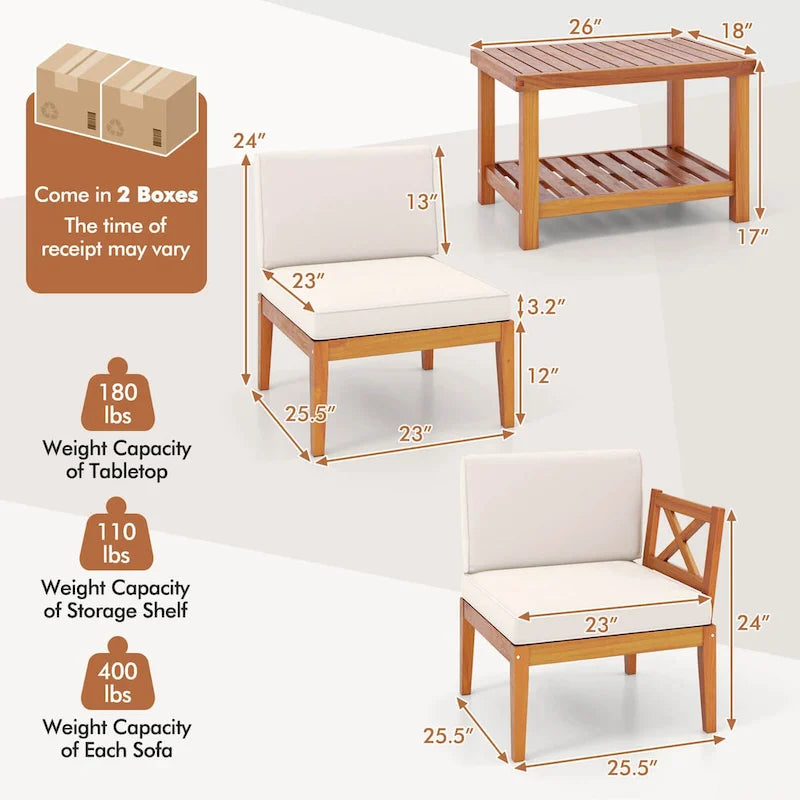 Ensemble de mobilier de jardin Costway 5 pièces en bois d'acacia avec coussins et étagère à 2 niveaux - Voir les détails