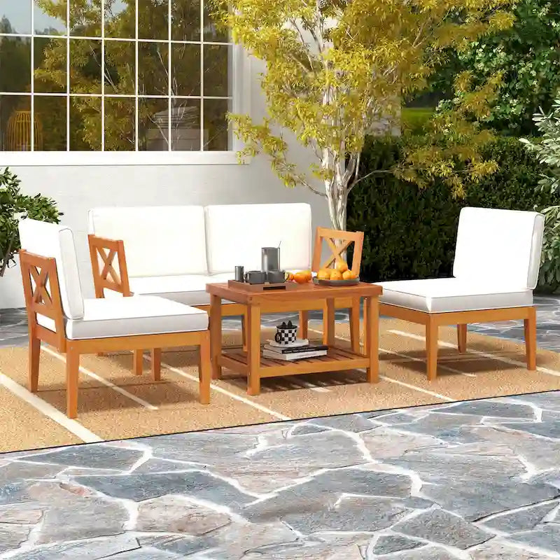 Ensemble de mobilier de jardin Costway 5 pièces en bois d'acacia avec coussins et étagère à 2 niveaux - Voir les détails