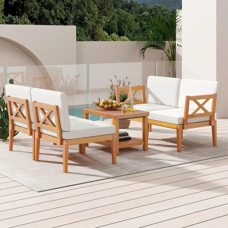 Ensemble de mobilier de jardin Costway 5 pièces en bois d'acacia avec coussins et étagère à 2 niveaux - Voir les détails
