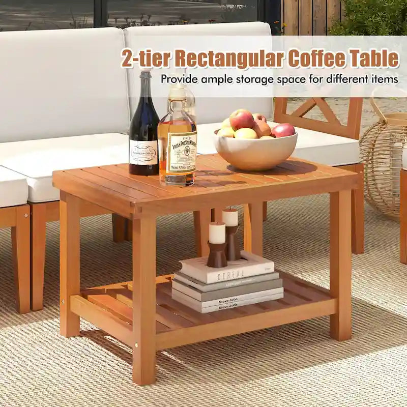 Ensemble de mobilier de jardin Costway 5 pièces en bois d'acacia avec coussins et étagère à 2 niveaux - Voir les détails