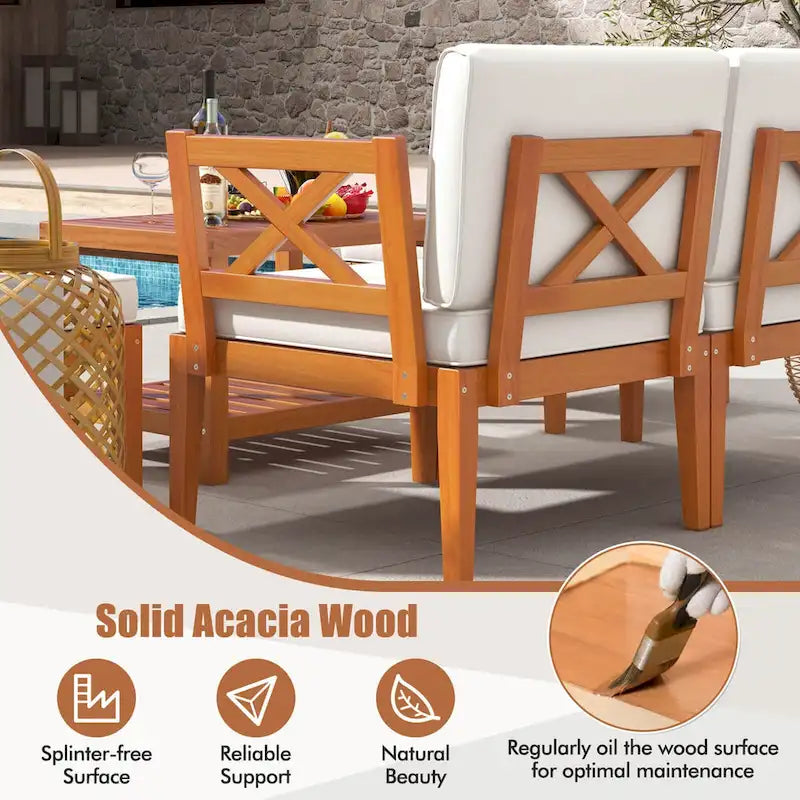 Ensemble de mobilier de jardin Costway 5 pièces en bois d'acacia avec coussins et étagère à 2 niveaux - Voir les détails