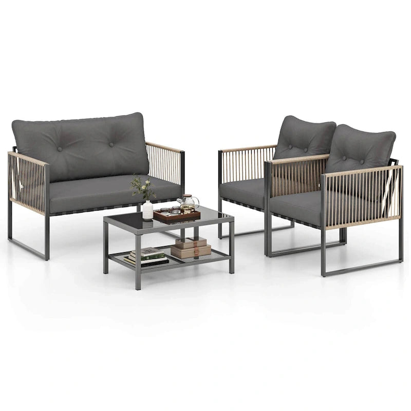Ensemble de mobilier de patio Costway 4/8 pièces, canapé de conversation en rotin PE - 4 pièces