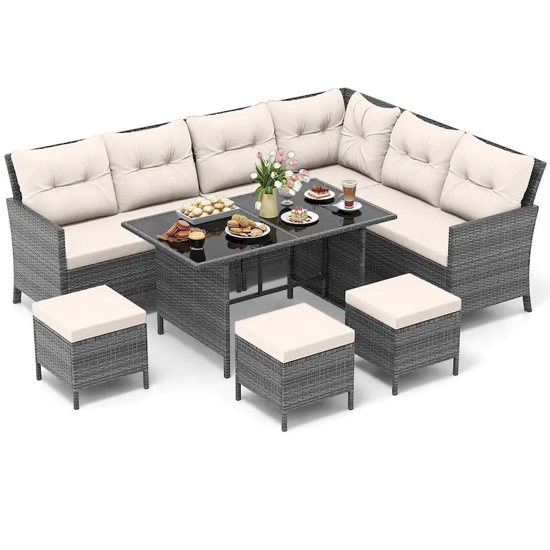 Ensemble de salle à manger Gymax 7 pièces, canapé d'angle en rotin PE, pour terrasse