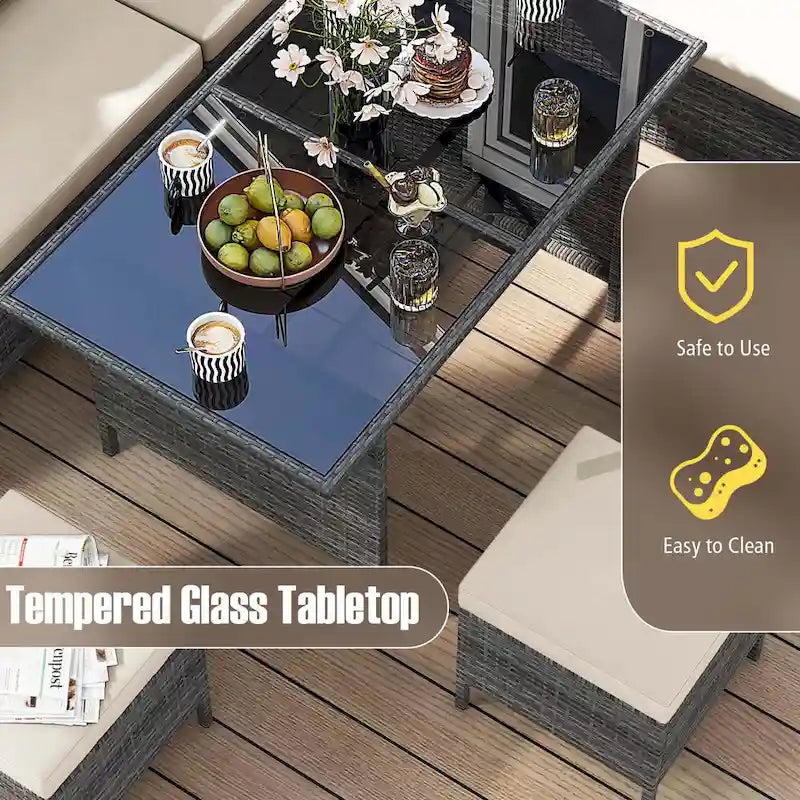 Ensemble de salle à manger Gymax 7 pièces, canapé d'angle en rotin PE, pour terrasse