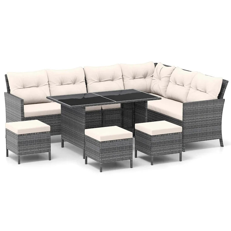 Ensemble de salle à manger Gymax 7 pièces, canapé d'angle en rotin PE, pour terrasse