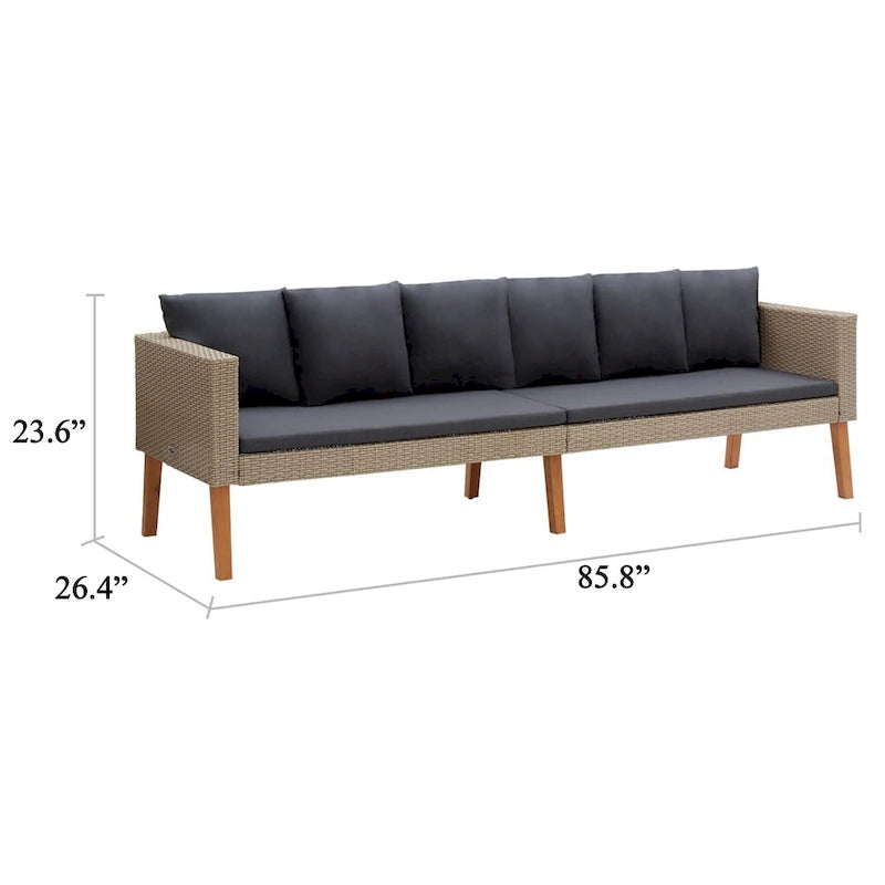 Canapé d'extérieur 3 places pour terrasse, 218 cm (86 pouces) en polyrotin beige, coussins gris